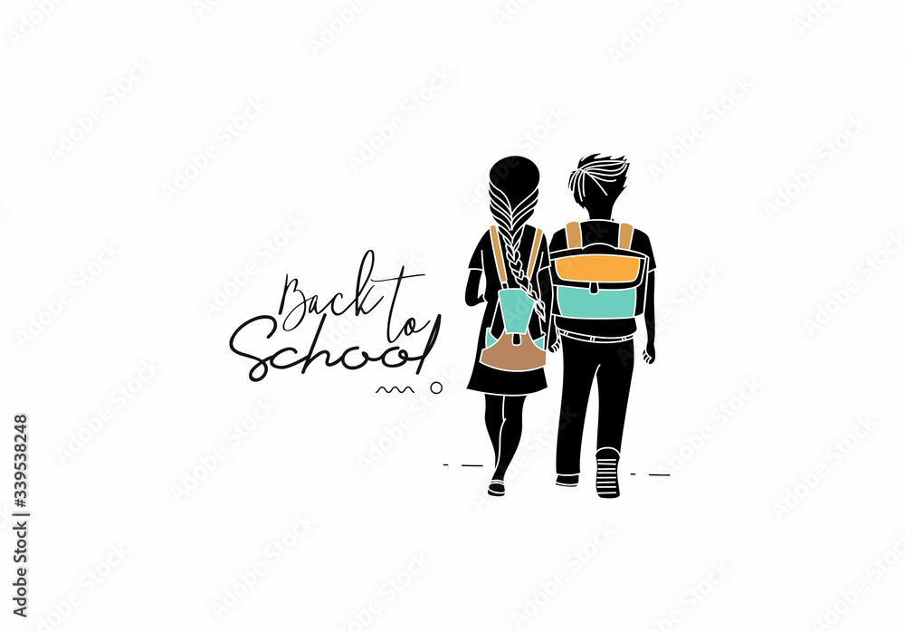 Back To School Calligraphic 3d Style Text with Boy and girl with school bags behind the back Vector illustration Design. Back To School Calligraphic 3d Style Text with Boy and girl with school bags behind the back Vector illustration Design.