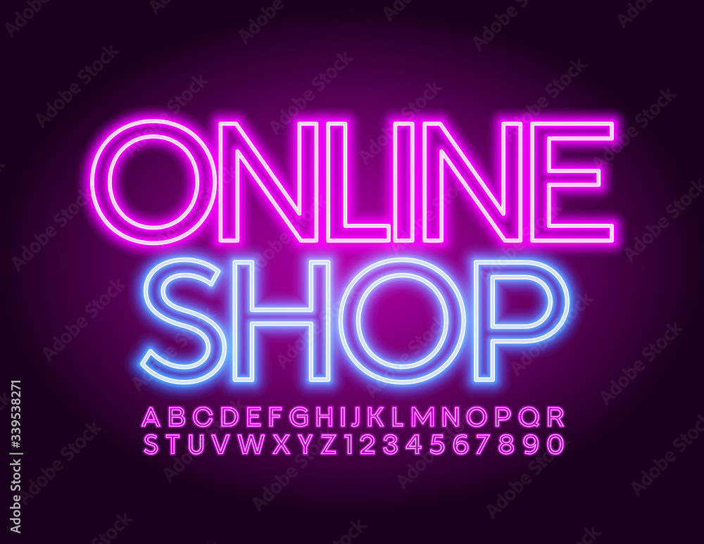 Vector neon banner Online Shop with trendy creative Font. Electric light Alphabet Letters and Numbers Vector neon banner Online Shop with trendy creative Font. Electric light Alphabet Letters and Numbers