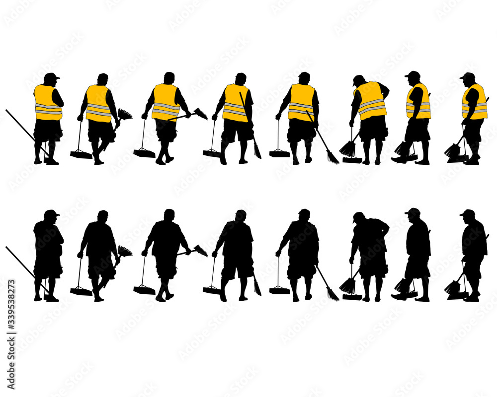 Fototapeta premium Janitor in orange vest with a broom is working on the street. Isolated silhouette on a white background