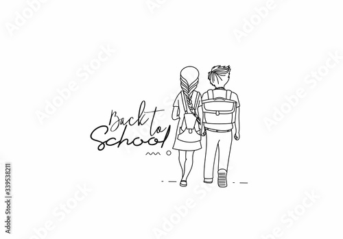Back To School Calligraphic 3d Style Text with Boy and girl with school bags behind the back Vector illustration Design.