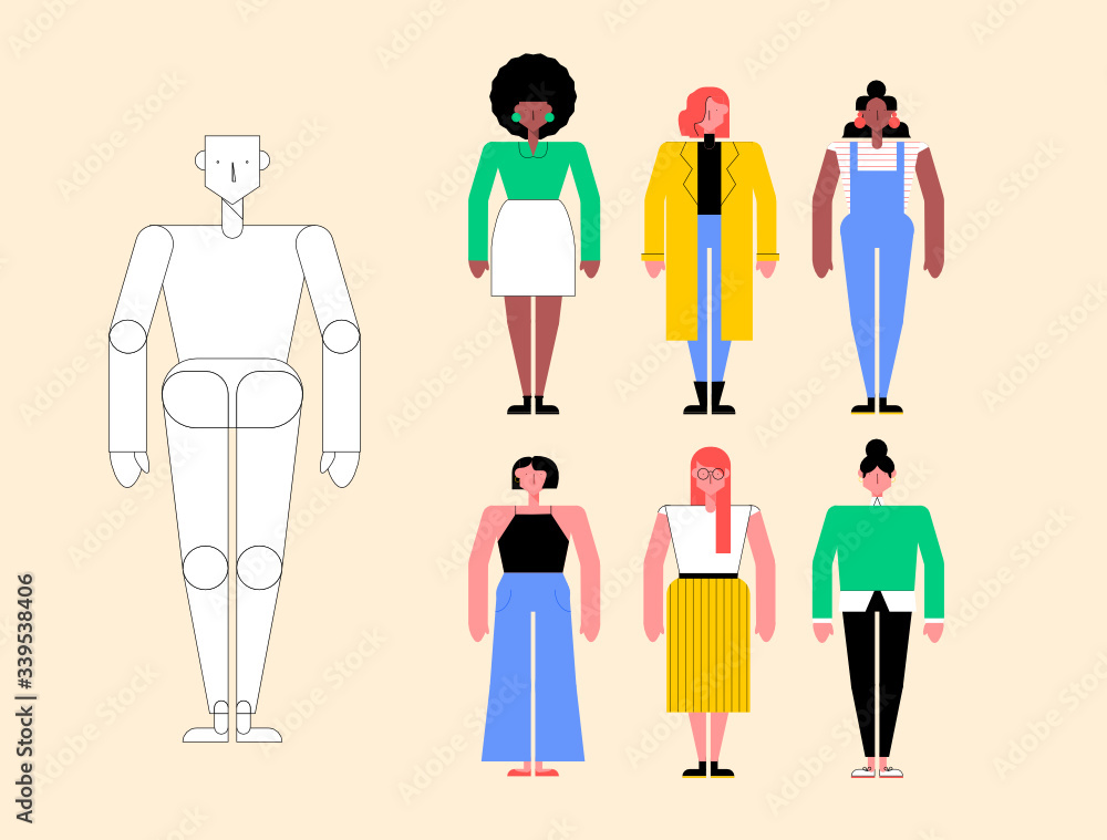 Diseño de personajes modernos joven femenino de mujer aislado Diseño de personajes modernos joven femenino de mujer aislado