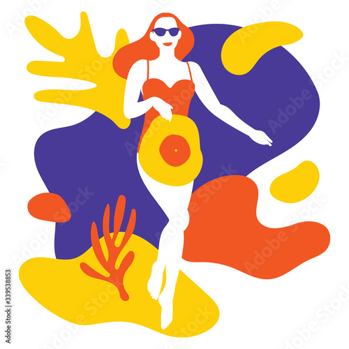 Young woman a swimsuit relaxing in summer. Vector illustration.