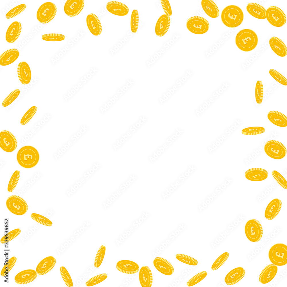 British pound coins falling. Scattered sparse GBP British pound coins falling. Scattered sparse GBP