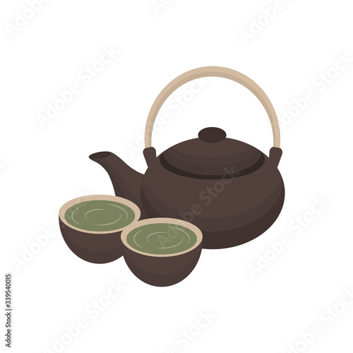 Green tea ceramic pot and cups icon for Japanese cuisine or sushi bar and restaurant menu design template. Vector isolated symbol of teapot and Japan or Chinese traditional mugs for tea or cafe