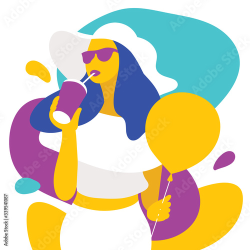 Fashion pretty young woman wearing a straw hat. Vector illustration.