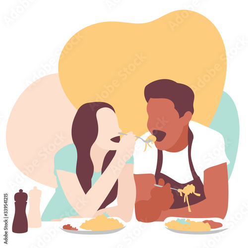 Lovers eating pasta at the festival of love. Vector illustration.