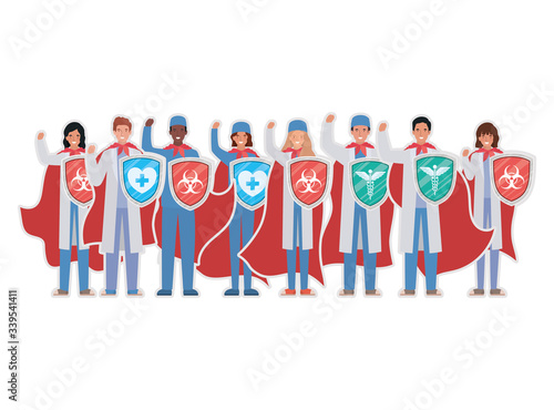 women and men doctors heroes with capes and shields against 2019 ncov virus vector design