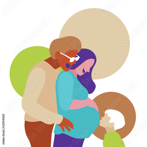 Husband hugged the pregnant wife and their son. Vector illustration.