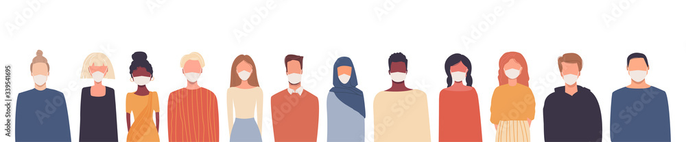 Multiethnic group of people wearing medical masks. Global problem. Disease epidemic, coronavirus COVID-19 infection, air pollution. Quarantine. Vector illustrations in flat style isolated on white Multiethnic group of people wearing medical masks. Global problem. Disease epidemic, coronavirus COVID-19 infection, air pollution. Quarantine. Vector illustrations in flat style isolated on white