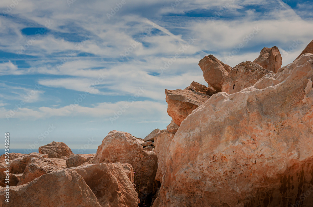 Rocks on the Jurassic coast at the Isle of Portland, Dorset, UK on a sunny Summer afternoon