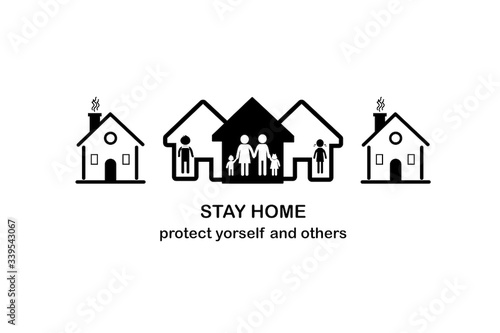 Stay home with family icon.stay home-protect yourself and others.. Stay home coronavirus awareness quarantine and social distancing measures to prevent virus spread sign