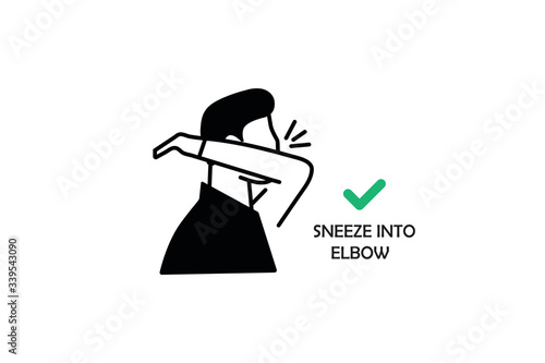 sneeze into elbow icon.Sneeze or Cough into your elbow, not your hands to avoid, prevent spreading germs and viruses, icons, vector illustration.