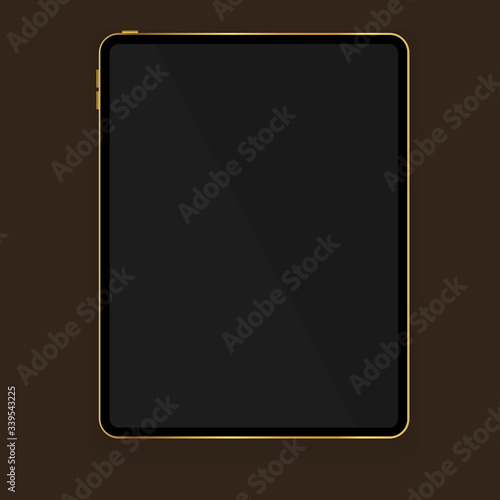 New design of gold tablet in trendy thin frame style with shadow isolated on brown background. Vector illustration