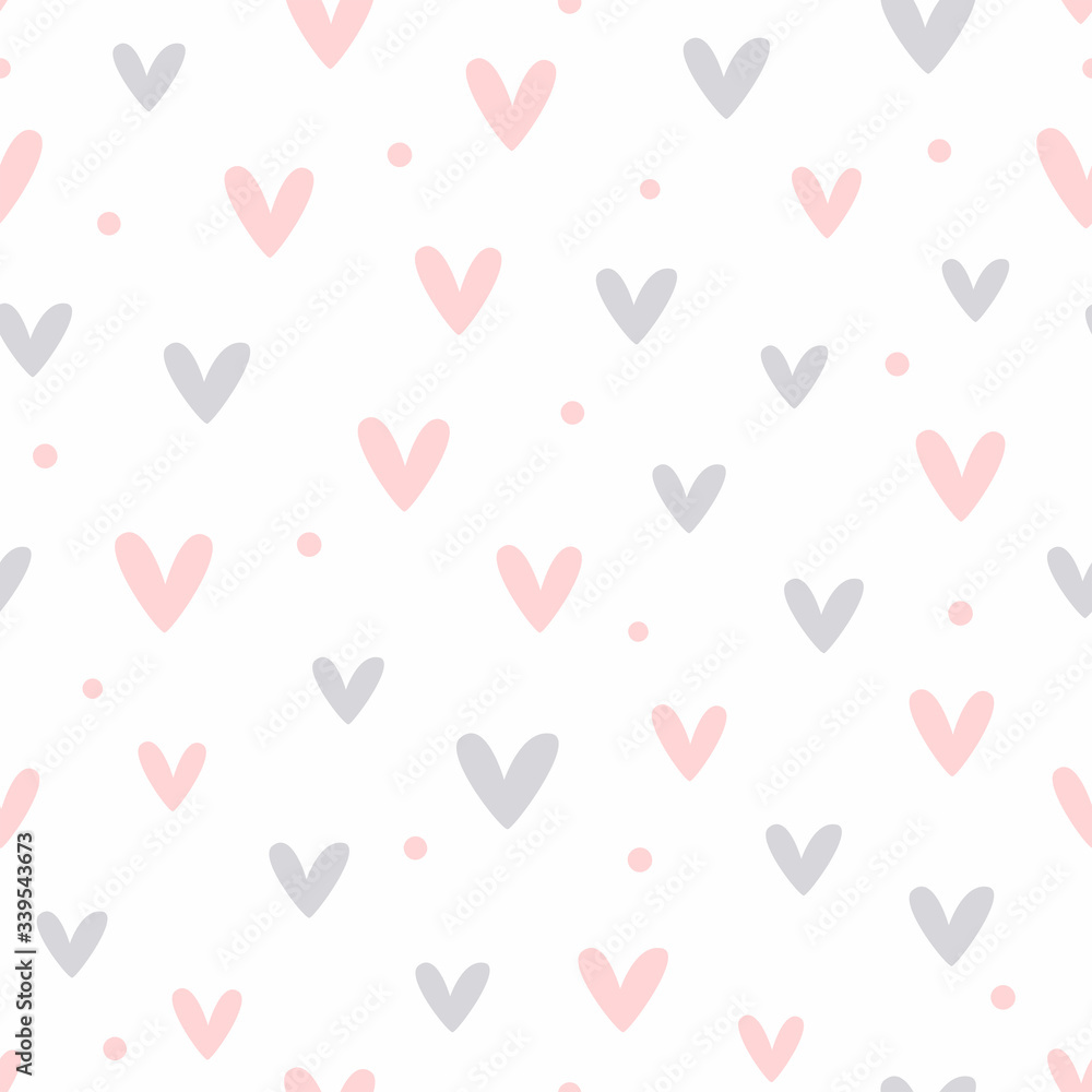 Seamless pattern with scattered hearts and dots. Cute girly print. Romantic vector illustration.