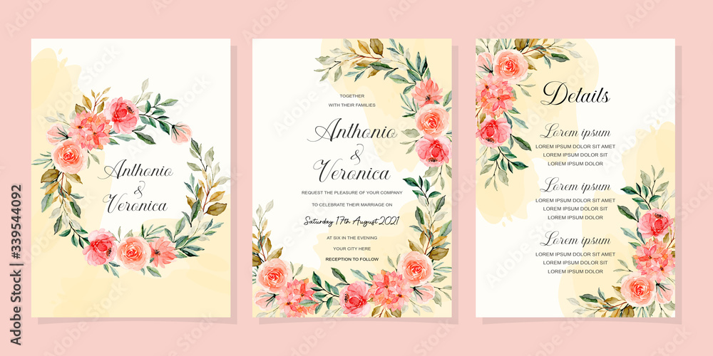 set of wedding invitation card with pink flower watercolor background