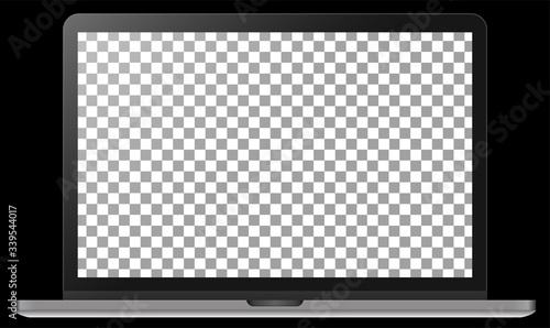 Realistic modern silver metal notebook isolated on black background. Digital display mockup template. Vector illustration