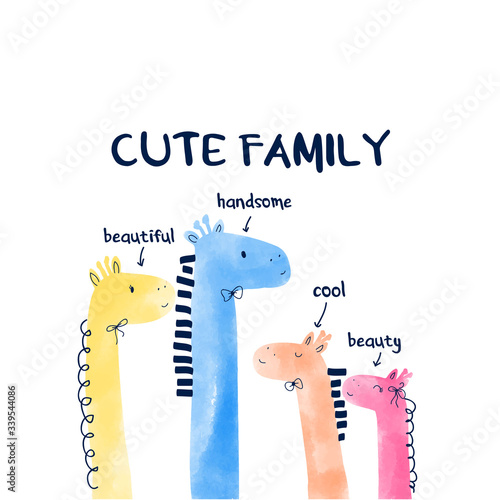 Sweet giraffe family and slogan hand drawing illustration vector.