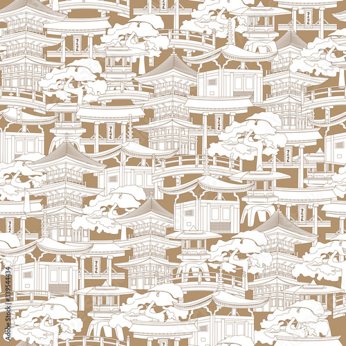 Japanese seamless pattern. Contour houses, pagodas and torii on a brown background. Vector endless print for fabric, textile, paper and wallpaper on the wall.