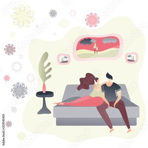 Couple relaxing on sofa during Coronavirus epidemic. Self isolation in quarantine concept. Stay home and prevent illness. Relax and be positive. Vector illustration. 
