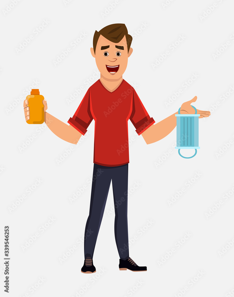 young boy holding and showing sanitizer gel bottle and face mask young boy holding and showing sanitizer gel bottle and face mask