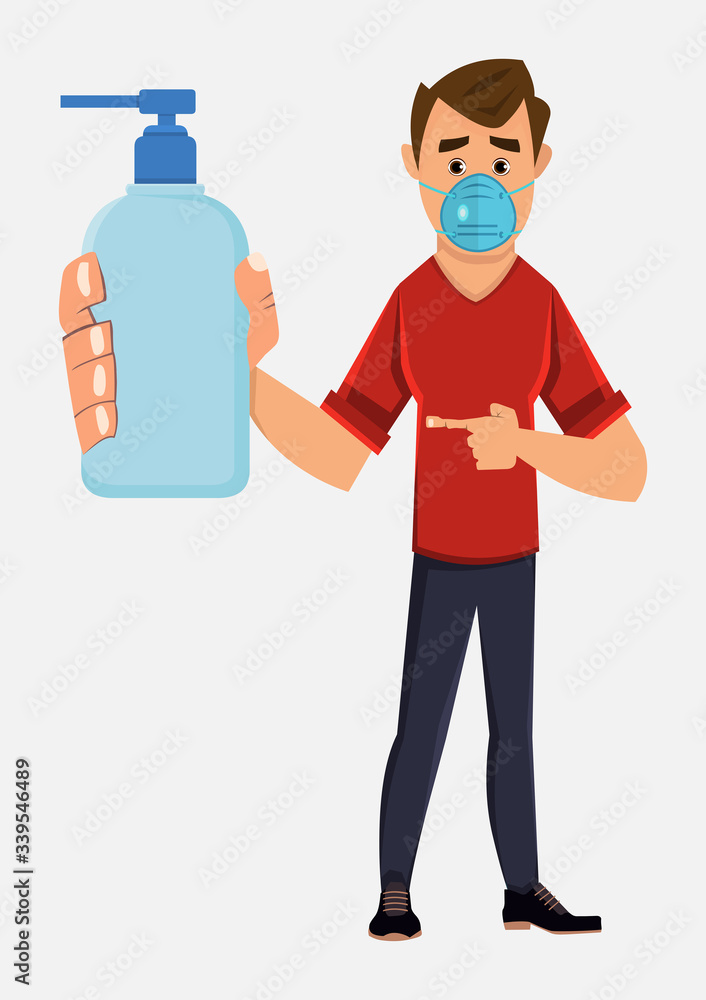 young boy wearing face mask and showing alcohol gel bottle. covid-19 or coronavirus concept illustration