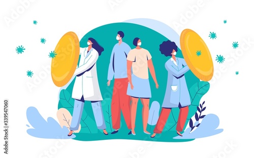 Doctors protect citizens from virus vector illustration. People and physician character wearing face mask fight against covid-19, medical worker with shield, front line for coronavirus.