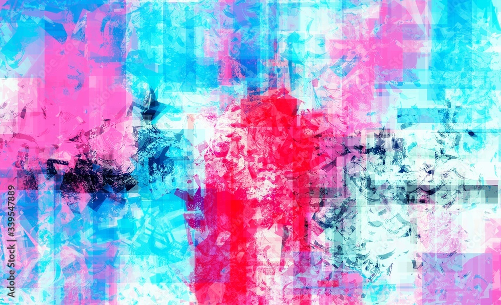 Artistic banner with chaotic brush strokes, digital abstract painting. Beautiful random colors background artwork. Painting in red and turquoise colors scheme with an accents
