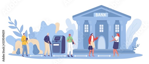 Social distancing at bank, vector illustration. Financial service at coronavirus quarantine. People, man and woman character keep distance in line, pandemic prevention at public place.