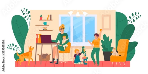 Mother freelance at home  stressed with kids vector illustration. Tired and annoyed woman at computer  children and pets make mess at room  workplace. Remote business worker character.