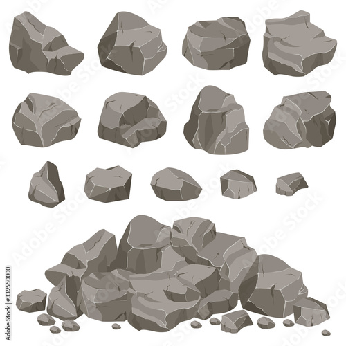 Set of stones of various shapes. Rocks and debris of the mountain. Huge block of stones