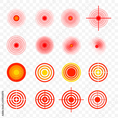 Body painful spot marks. Red rings of pain to indicate localization of pain in different parts of the human body such as the back, neck, head, back and others. Muscle pain, painful headaches or healt