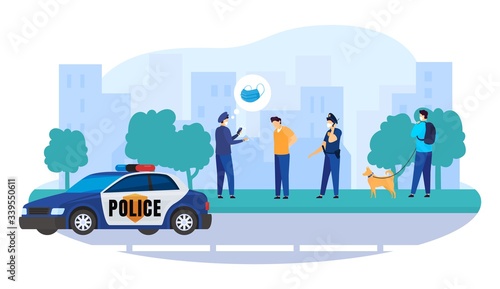 Policeman fine quarantine breaker vector illustration. Arrest man without protective mask during virus quarantine, epidemic. Police car standing on street, character with dog watching arrest.