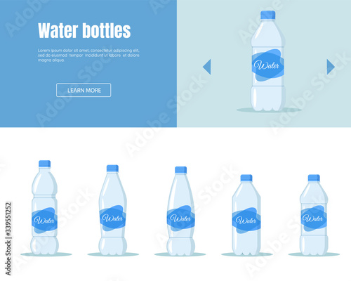 Drink water in plastic bottle set on white background website design. Water Delivery Service Banner Horizontal Set Logistic Business Industry Flat Design Style.