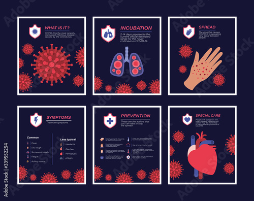 Covid 19 virus icons frames vector design
