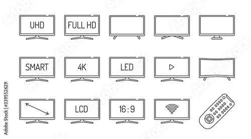 TV black line icons set. Receive broadcasting signals and change them into pictures and sound. Different types of tv displays. Pictogram for web page, mobile app, promo. Editable stroke