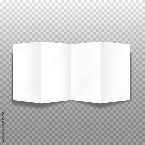 Realistic bifold paper brochures on transparent background with soft shadows. White open booklet template. Business card design or flyer mock-up. Vector illustration.