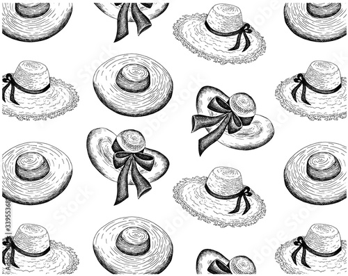 Sketch hand drawn pattern with line art black women's hats isolated on white background. Retro style. Engraving hat. Clothes wallpaper. Textile.Vector illustration