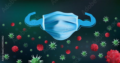 Virus disease. Abstract background virus and Medical mask. World pandemic. Bacteria, microbes fungi. Danger to a living organism. Medical mask virus protection. Vector illustration.