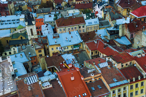 Top view of the old city, red roofs, narrow streets