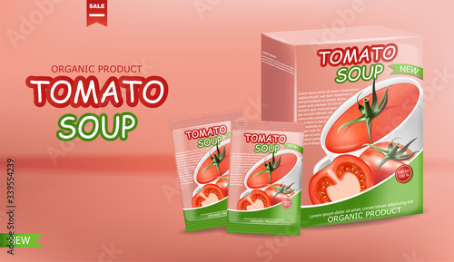 Tomato soup package realistic, instant soup, natural product, fresh tomatoes, isolated packaging, vegetarian food, landscape background vector illustration