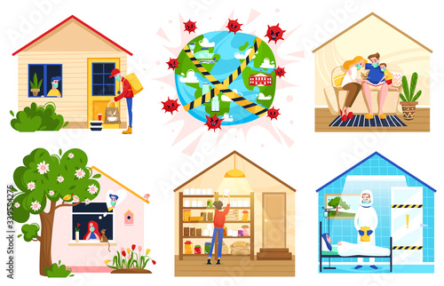 Stay at home people self-isolation quarantine work at home vector illustration. Social distance. People do cleaning, their favorite hobby, spend time with family. Masked people covid virus protected.