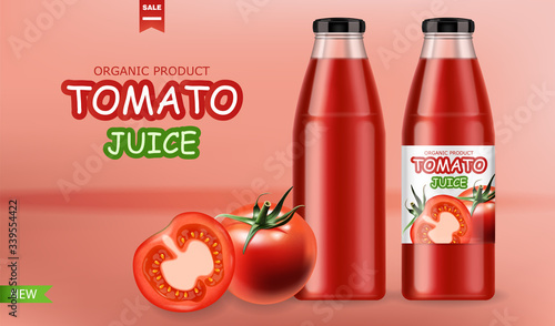 Realistic tomatoes isolated and package juice bottle, fresh product, vegetarian food, pink background, vector illustration