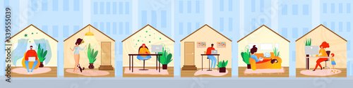 Freelance people self-isolation at home cartoon character vector illustration. Laptop on sofa remote freelance work, cool job, remote workers labor set. Internet work designer, programmers person