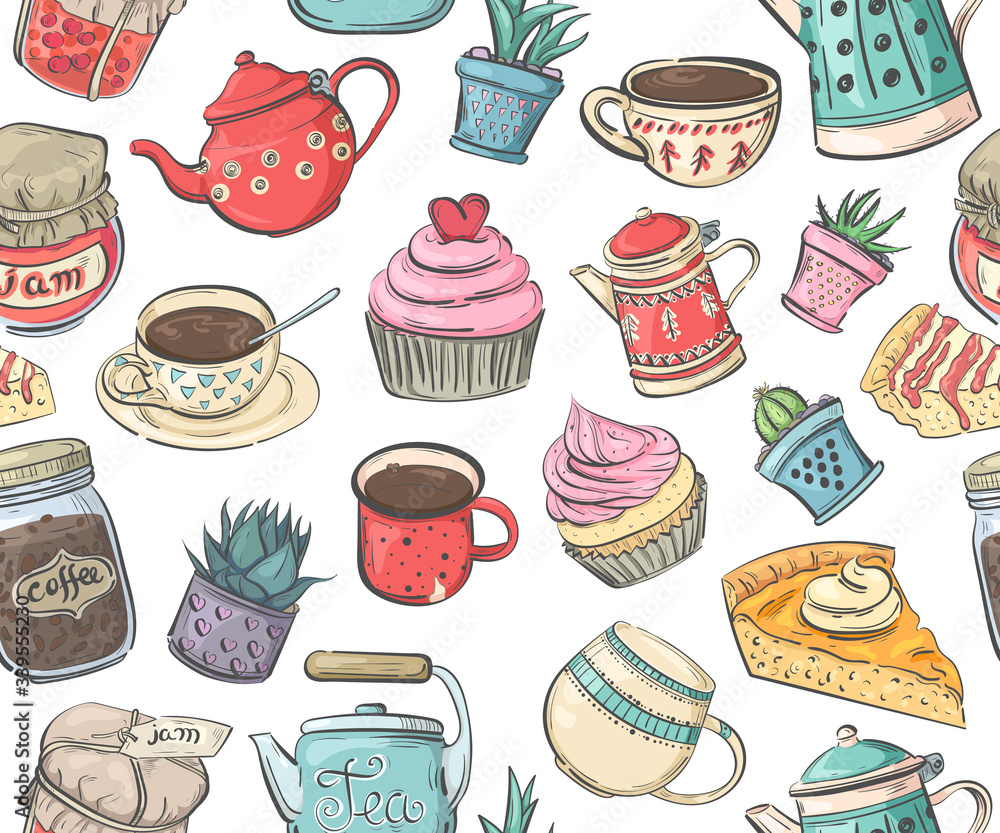 Seamless pattern with cakes, cups, coffee pots and teapots