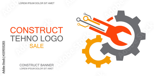 Tehno logo, construct icon, mechanical engineering banner, simple text and logo vector illustration photo