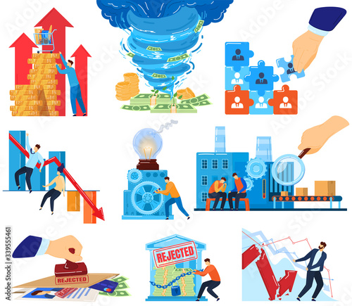 Bankruptcy recession lockdown business, economic crisis, financial, failure, depression, economy loss money. Finance concept, crash investment or stock market down vector illustration.