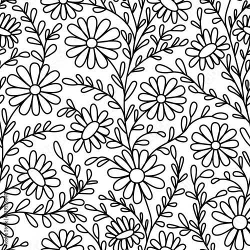 Floral pattern. Chamomile. Seamless pattern black outline on a white isolated background