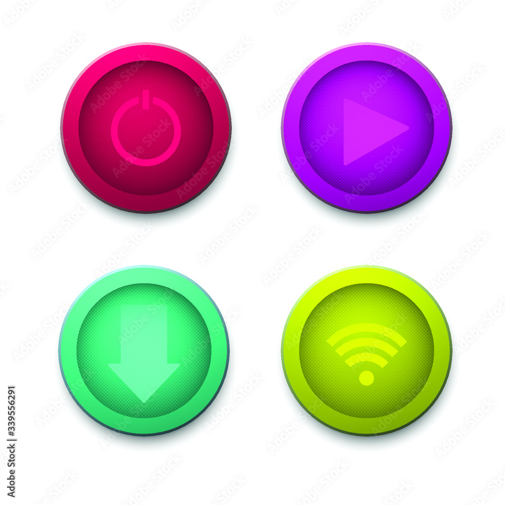 colored buttons power, play, download and wifi on a white background colored buttons power, play, download and wifi on a white background