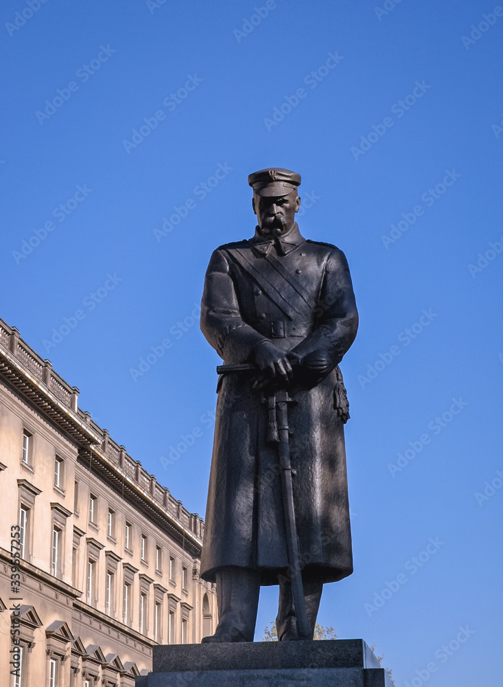 Naklejka premium Jozef Pilsudski Monument located near Pilsudski Square in Warsaw city, Poland