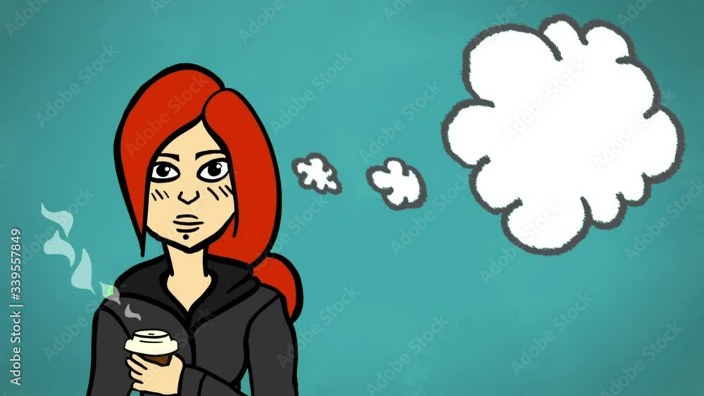 2D Animation of Young Red Haired Woman with Coffee and Thought Cloud Against Teal Chalkboard 2D Animation of Young Red Haired Woman with Coffee and Thought Cloud Against Teal Chalkboard